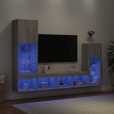 4-delige Tv-wandmeubelset met LED bewerkt hout grijs sonoma