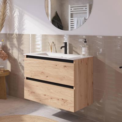 Saqu Gaia badmeubel incl. keramische wastafel 80x51x61cm naturel eiken - zwarte greeplijst