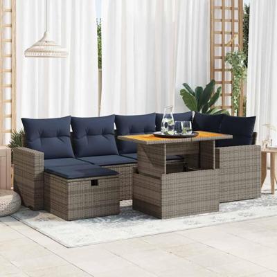7-delige Loungeset met kussens poly rattan acacia zwart