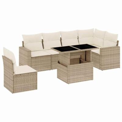 7-delige Loungeset met kussens poly rattan beige