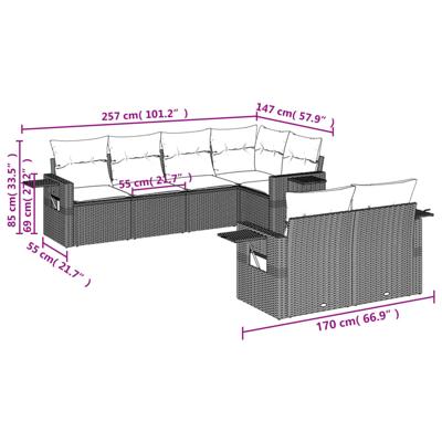 7-delige Loungeset met kussens poly rattan beige - thumbnail