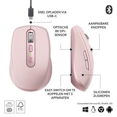 Draadloze muis - LOGITECH - MX Anywhere 3S - Bluetooth - Stille klikken - 6 knoppen - Roze - thumbnail