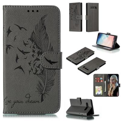 Feather patroon Litchi textuur horizontale Flip lederen draagtas met portemonnee & houder & kaartsleuven voor Galaxy S10 PLUS (grijs) Feather patroon Litchi textuur horizontale Flip lederen draagtas met portemonnee & houder & kaartsleuven voor Galaxy S10 PLUS (grijs)