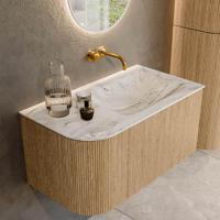 Mondiaz KURVE-DLUX 85 cm Onderkast Greeploos 1 Lade Met Deuren Oak, Wastafel Solid Surface Rechts Glace 0 Kraangaten Zonder Spiegel (KRVCLO85L1L1D0KR-Oak/Gla) - thumbnail