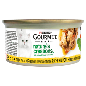 Purina Gourmet Nature's Creations met kip, spinazie, tomaat natvoer kat (24x85 g) 2 trays (48 x 85 g) Purina Gourmet Nature's Creations met kip, spinazie, tomaat natvoer kat (24x85 g) 2 trays (48 x 85 g)