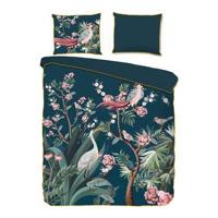 Descanso Dekbedovertrek "kraanvogel met bloemen" - Petrol - (240x200/220 cm) - Biologisch Katoen satijn - thumbnail
