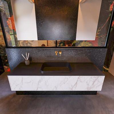 Badkamermeubelset Mondiaz Erin 150 cm met 1 Lade met RIDGE Wastafel Midden Urban Zonder Kraangaten Greeploos Mat Carrara