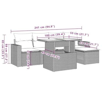6-delige Loungeset met kussens poly rattan zwart
