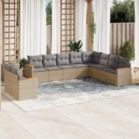 10-delige Loungeset met kussens poly rattan gemengd beige - thumbnail
