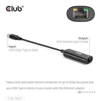 CLUB3D USB 5GBPS TYPE-A TO RJ45 ETHERNET M/F ADAPTER CLUB3D USB 5GBPS TYPE-A TO RJ45 ETHERNET M/F ADAPTER