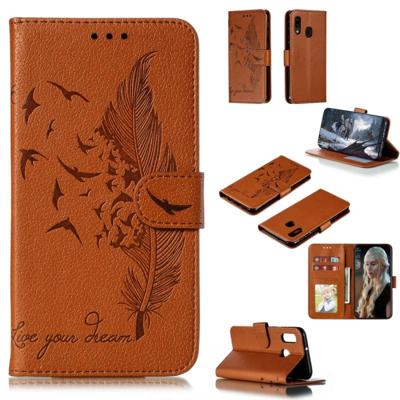 Feather patroon Litchi textuur horizontale Flip lederen draagtas met portemonnee & houder & kaartsleuven voor Galaxy A20e (bruin)