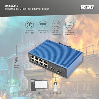 Digitus DN-651146 Industrial Ethernet Switch 8 + 2 poorten 10 / 100 / 1000 MBit/s Digitus DN-651146 Industrial Ethernet Switch 8 + 2 poorten 10 / 100 / 1000 MBit/s