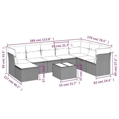 9-delige Loungeset met kussens poly rattan bruin