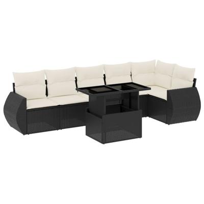 7-delige Loungeset met kussens poly rattan zwart - thumbnail