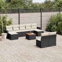 10-delige Loungeset met kussens poly rattan zwart - thumbnail
