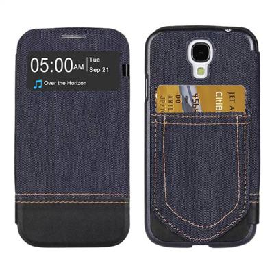 Jeans Style Flip lederen hoesje met opbergruimte voor pinpassen opberg vakjes & Oproepweergave ID voor Samsung Galaxy S IV / i9500(zwart)