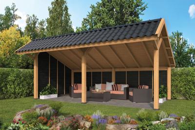 Tuindeco Bergen L Kapschuur type 2 468x306 cm Lariks/Douglashout blank en Zweeds rabat zwart- Kapschuurdak- Onbehandeld lariks Douglas hout- Tuindeco