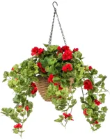 Kunstplant UV bestendig Rode Geranium hangend in mand - 50cm - thumbnail