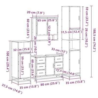 4-delige Badkamermeubelset bewerkt hout gerookt eikenkleurig