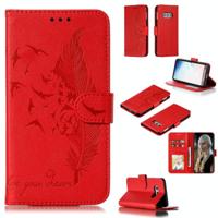 Feather patroon Litchi textuur horizontale Flip lederen draagtas met portemonnee & houder & kaartsleuven voor Galaxy S10e (rood) - thumbnail