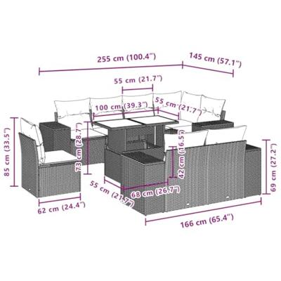 9-delige Loungeset met kussens poly rattan grijs