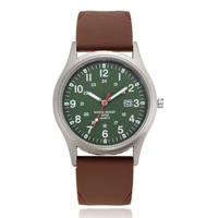 Groen herenhorloge met datumweergave en bruine band - Waterbestendig quartz design - thumbnail