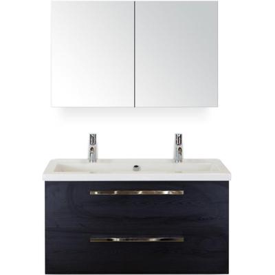 Seville Badmeubelset 100 cm - Black Oak - Wastafel Djazz 2 Kraangaten met Spiegelkast