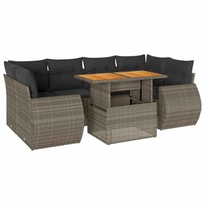 7-delige Loungeset met kussens poly rattan grijs - thumbnail