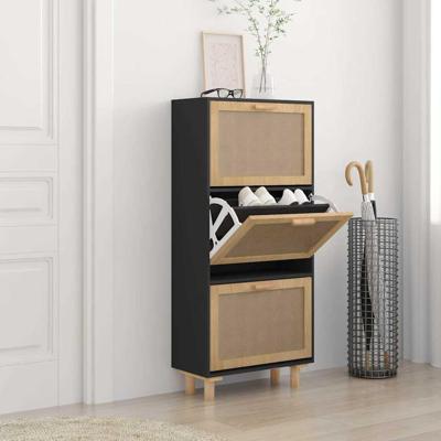 Schoenenkast 52x25x115 cm bewerkt hout en rattan zwart