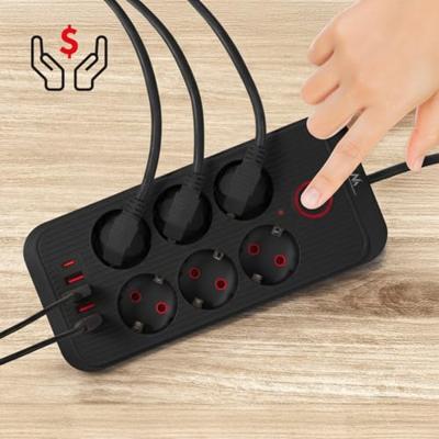 Maclean stekkerdoos, 6-polige verlengkabel + 4xUSB, 110-240V AC 50/60Hz, 2,1A max 2500W, 3m, zwart, MCE391 B