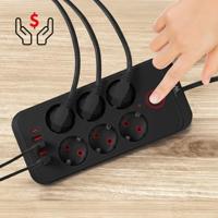 Maclean stekkerdoos, 6-polige verlengkabel + 4xUSB, 110-240V AC 50/60Hz, 2,1A max 2500W, 3m, zwart, MCE391 B - thumbnail