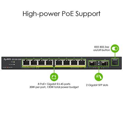 Zyxel GS1100-10HP v2 Unmanaged Gigabit Ethernet (10/100/1000) Power over Ethernet (PoE) Zwart