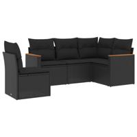 5-delige Loungeset met kussens poly rattan zwart - thumbnail