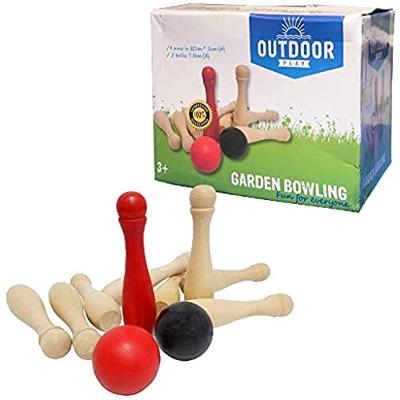 Outdoor Play houten tuin bowlingset met 9 kegels en 2 ballen