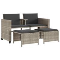 Tuinbank 2-zits tafel en voetenbanken poly rattan lichtgrijs - thumbnail