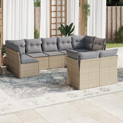 9-delige Loungeset met kussens poly rattan beige
