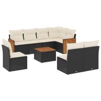 8-delige Loungeset met kussens poly rattan zwart - thumbnail