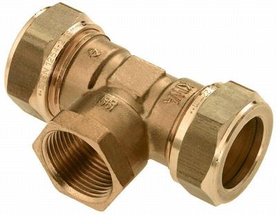 Bonfix knelkoppeling - T-stuk knel x binnendraad x knel - 28mm x 1/2 x 28mm - Messing