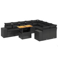 10-delige Loungeset met kussens poly rattan zwart - thumbnail