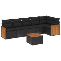 7-delige Loungeset met kussens poly rattan zwart - thumbnail