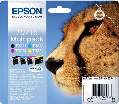 Epson Inktcartridge T0715 Origineel Combipack Zwart, Cyaan, Magenta, Geel C13T07154012