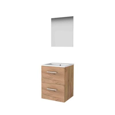 Basic-Line Ultimate 46 Badkamermeubelset - 50 x 46 cm - Met Grepen - 2 Lades - Keramische Wastafel - 1 Kraangat - Spiegel met Indirecte LED Verlichting - Whisky Oak