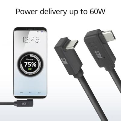 ACT USB 3.0 10Gbps 60W USB Type-C (haaks horizontaal) - USB Type-C (haaks verticaal) 0.5m