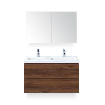 Vogue Badmeubelset 100 cm - Greeplijst in kleur - Walnoot - Keramische Wastafel Wit 2 kraangaten - met Spiegelkast
