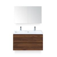 Vogue Badmeubelset 100 cm - Greeplijst in kleur - Walnoot - Keramische Wastafel Wit 2 kraangaten - met Spiegelkast - thumbnail