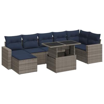7-delige Loungeset met kussens poly rattan acacia grijs
