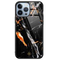 iPhone 13 Pro Max glazen hardcase - Marmer zwart oranje - thumbnail