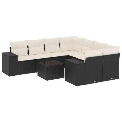 9-delige Loungeset met kussens poly rattan zwart