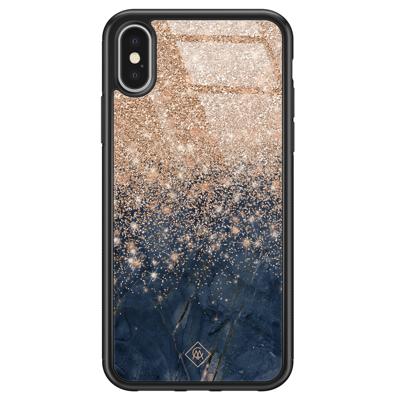 iPhone X/XS glazen hardcase - Marmer blauw rosegoud