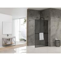 Van Rijn Products ST04 Vaste wand - 89.5x200cm - rookglas incl. stabilisatiestang - incl. handdoekhouder - zwart mat ST0490KPHGR - thumbnail